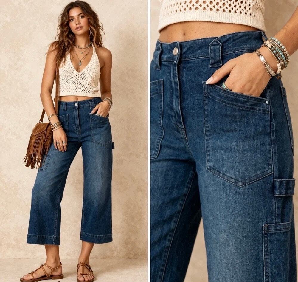Maeve Dark Blue Wide-Leg Cropped Jeans